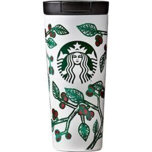 Starbucks 2016 White Stainless Steel Tumbler Holly Red Berry 16oz Mug Cup